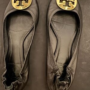 Tory Burch Black Leather Flats with Gold Logo